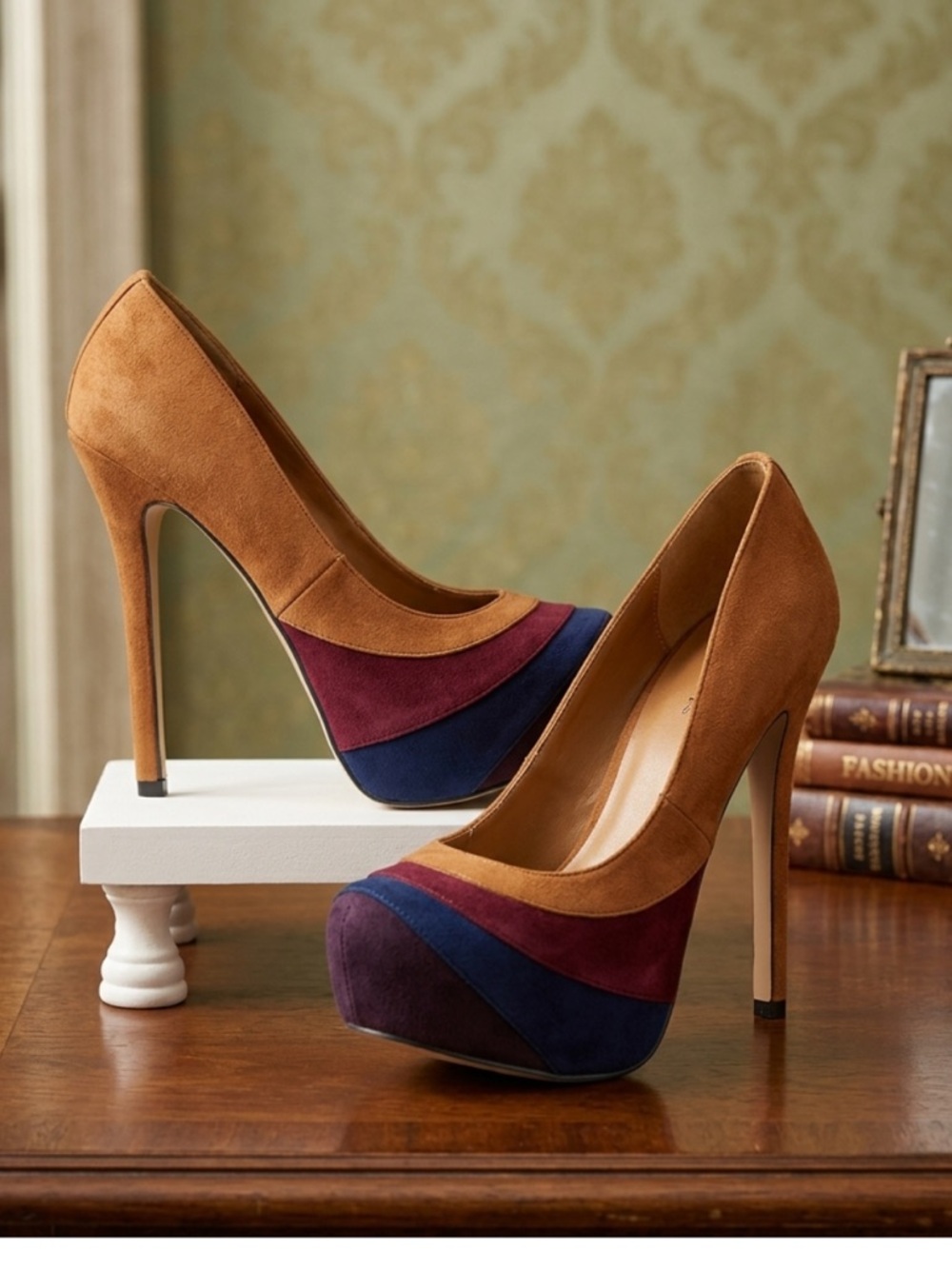 Bakers Lita Suede Colorblock Platform Heels- Tricolor Brown Blue Maroon- Size 8